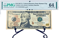 2017-A $10 FRN PMG 67EPQ Fancy LOW 5 DIGER Serial #PJ00029000A with a Bonus Note