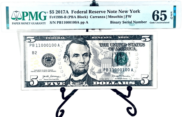 2017-A $5 FRN PMG 65EPQ Fancy TRUE 0/1 BINARY Serial #PB11000100A Heritage Pastime