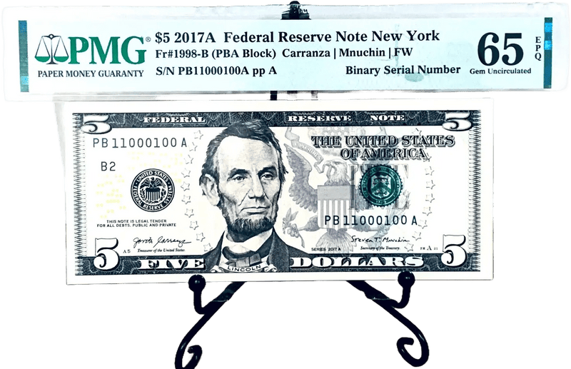 2017-A $5 FRN PMG 65EPQ Fancy TRUE 0/1 BINARY Serial #PB11000100A Heritage Pastime