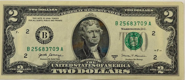 2017A $2 Federal Reserve Note – Thomas Jefferson – Circulated U.S. Currency Heritage Pastime