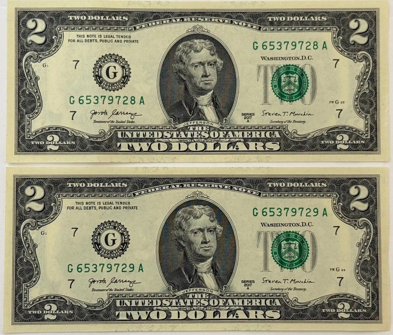 2017A $2 Federal Reserve Notes – Consecutive Pair – Chicago (G) District – Mnuchin/Carranza Heritage Pastime