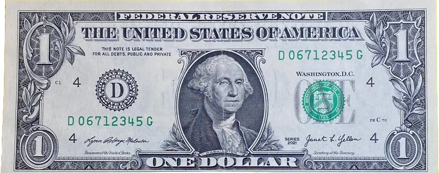 2021 $1 Federal Reserve Note – Run Five Digit 1–5 Fancy Serial Number – D District – 06712345 Coin Hub