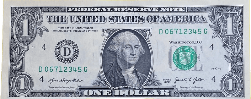 2021 $1 Federal Reserve Note – Run Five Digit 1–5 Fancy Serial Number – D District – 06712345 Heritage Pastime