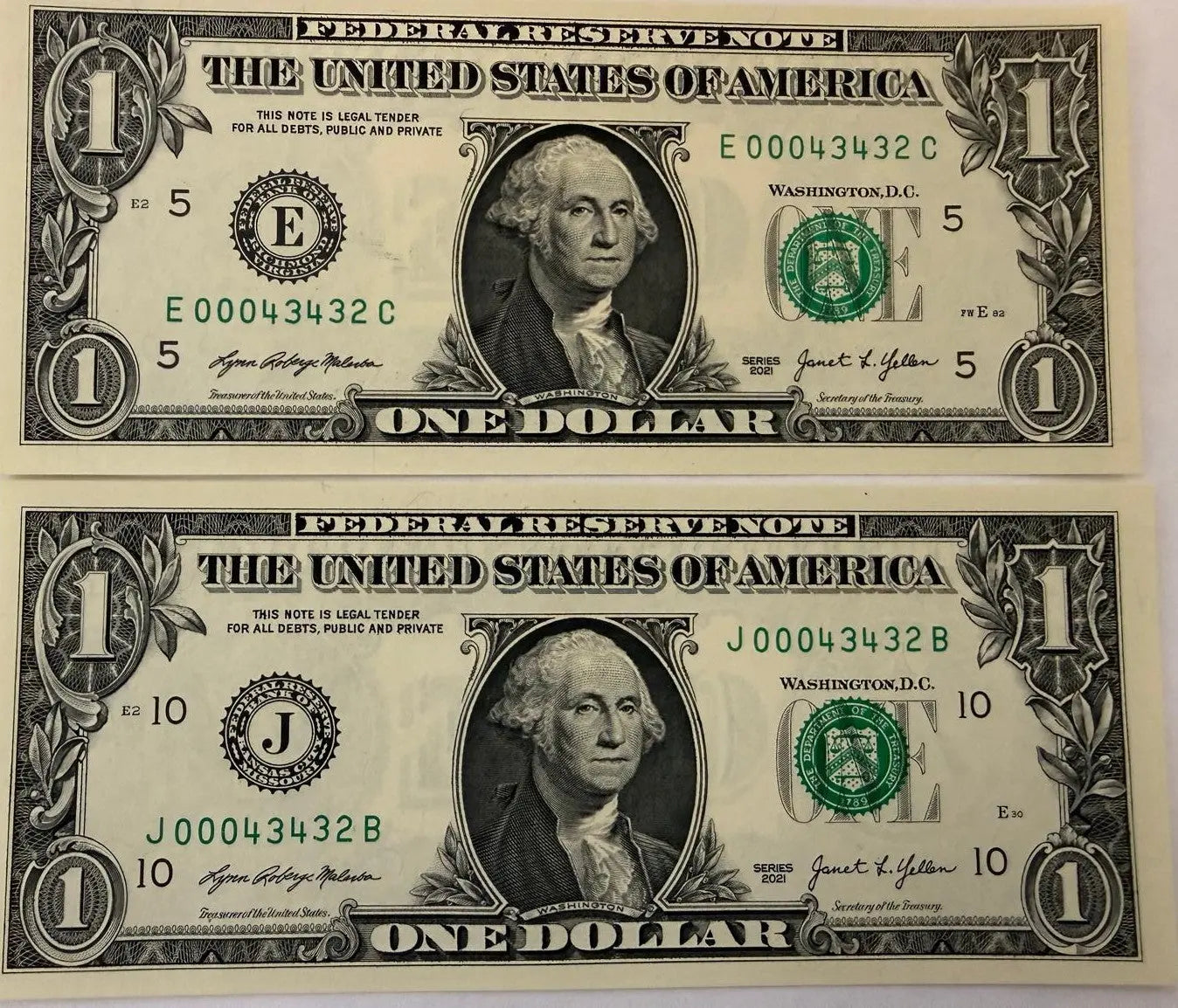 2021 $1 LOW DUPLICATE SERIAL NUMBER MATCHING DOLLAR NOTES! –SAME SERIALS E 00043432 C & J 00043432 B Coin Hub