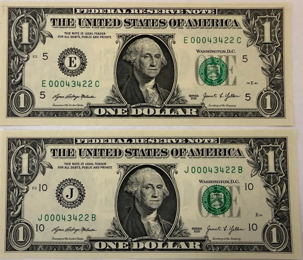 2021 $1 LOW DUPLICATE SERIAL NUMBER MATCHING DOLLAR NOTES! –SAME SERIALS J 00043422 B & E 00043422 C Heritage Pastime