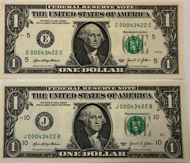 2021 $1 LOW DUPLICATE SERIAL NUMBER MATCHING DOLLAR NOTES! –SAME SERIALS J 00043422 B & E 00043422 C Heritage Pastime
