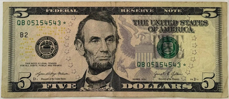 2021 $5 Federal Reserve STAR Note – Lincoln – Replacement Note – Circulated Heritage Pastime