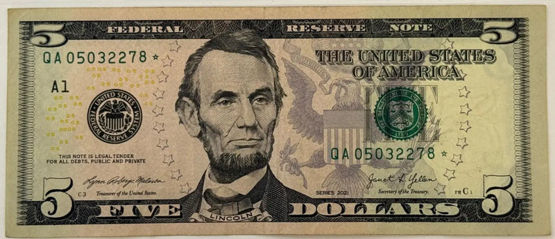 2021 $5 Federal Reserve STAR Note – Philadelphia (C) – Yellen/Malerba – Replacement Note Heritage Pastime