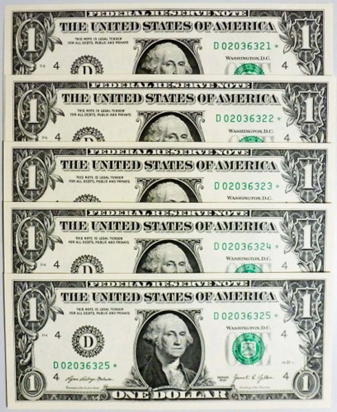 2021 Cleveland-Consecutive $1 Star Replacement Note Collection - 5 Superb Crisp Notes Heritage Pastime