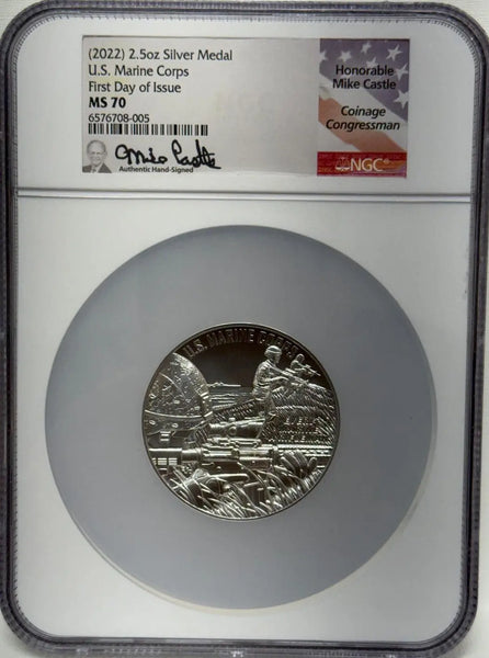 2022 2.5oz Silver Medal U.S. Marine Corps First Day of Issue MS 70 Honorable Mike Castle Hand Signed Heritage Pastime
