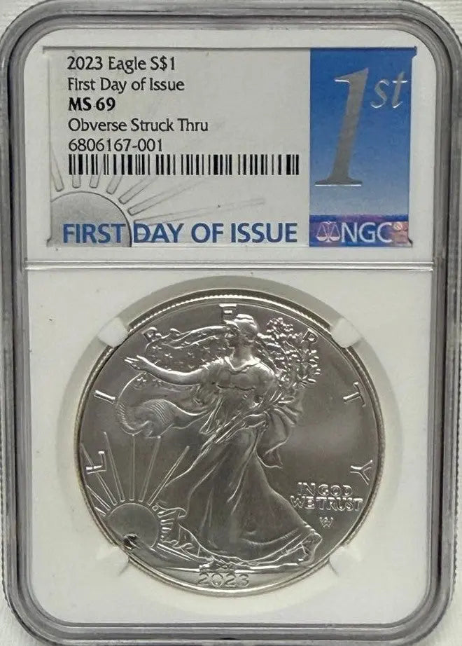 2023 Silver Eagle $1 MS69 First Day of Issue – Obverse Struck-Thru Error Coin Hub