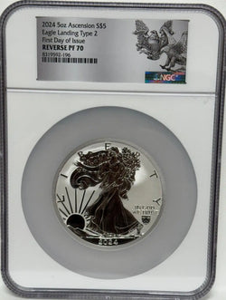 2024 $5 5oz Ascension Silver Eagle Landing Type 2 First Day of Issue Reverse PF70 – Stunning Proof in Large Silver Format