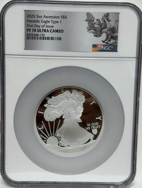 2025 $5 5oz Ascension Silver Heraldic Eagle Type 1 First Day of Issue PF 70 ULTRA CAMEO Heritage Pastime