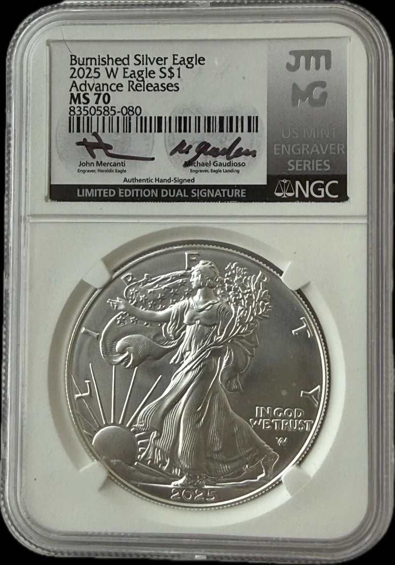 2025-W Burnished American Silver Eagle $1 – Advance Releases – MS70 Heritage Pastime