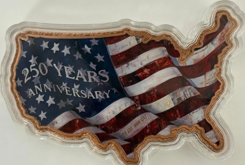 2026 USA 250th Anniversary 10 oz .999 Fine Copper Bar – Colorized American Flag Map Design Heritage Pastime