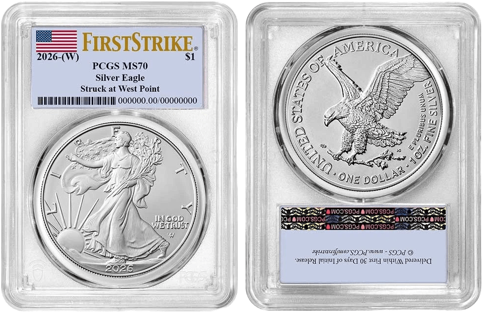 2026 American Silver Eagle PCGS MS70 First Strike Flag Label obverse and reverse view