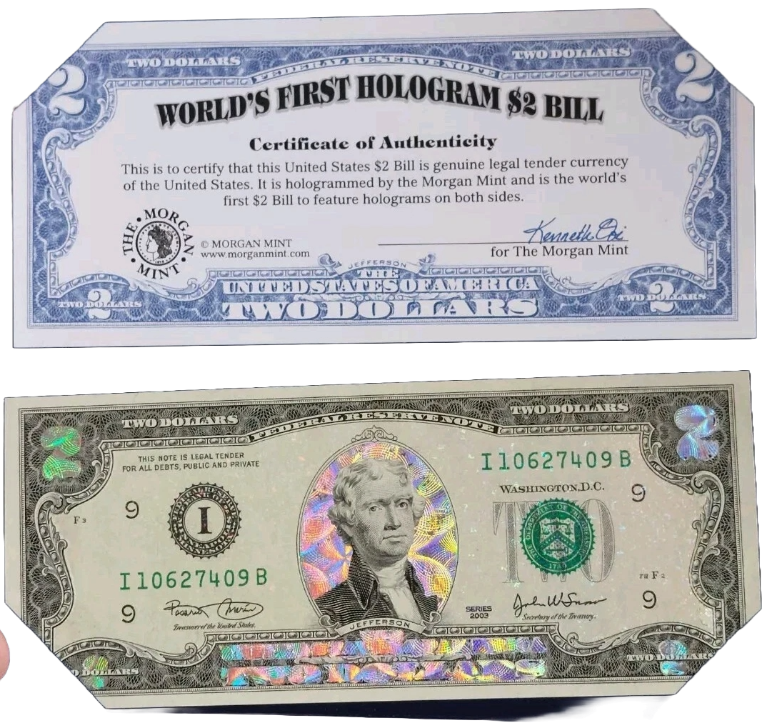 World's First Hologram $2 Bill 2003 Series The Morgan Mint Holder + Certificate