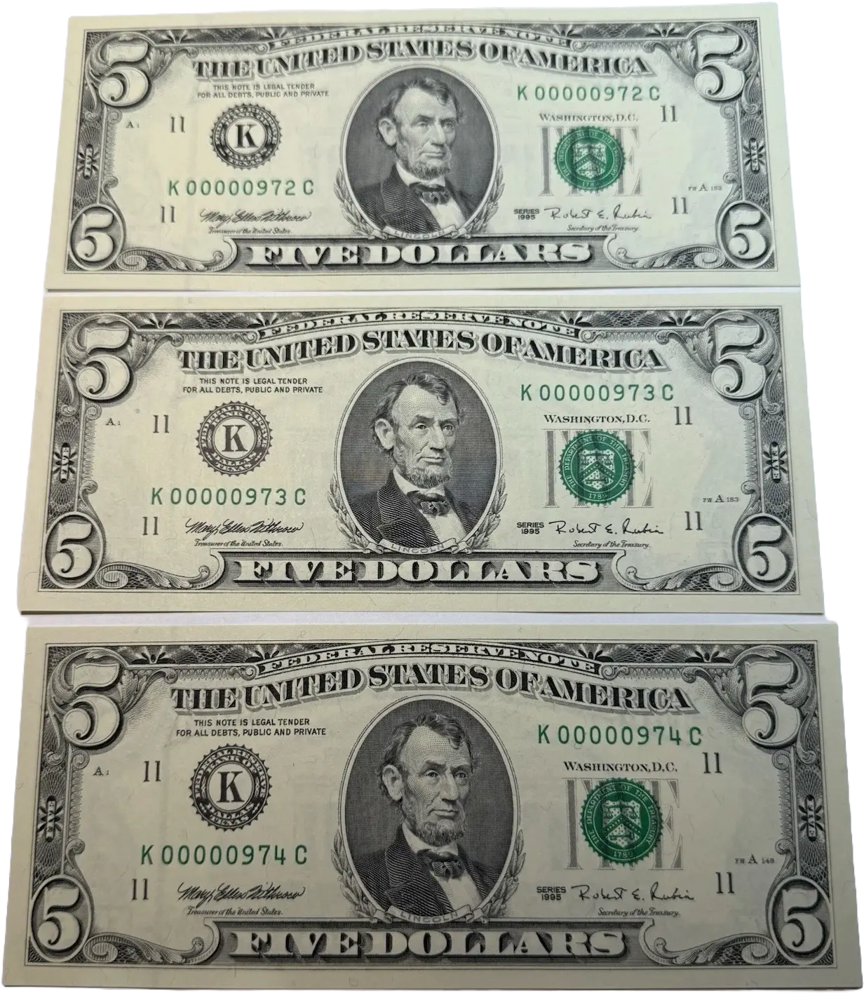3 DIGIT LOW SERIAL NUMBER 974 $5 Dollar Bills FANCY K00000927C~3 CONSECUTIVE Coin Hub