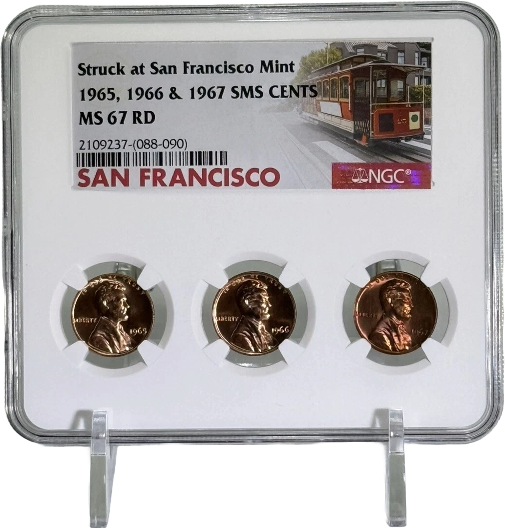 Rare 1965, 1966, & 1967 SMS Cents All San Francisco Mint NGC MS 67 RD Tri-Holder