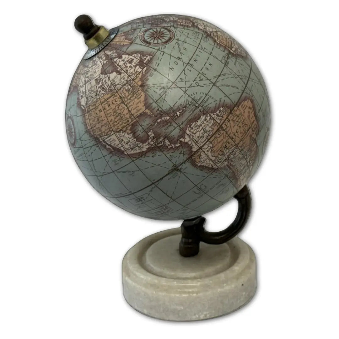 5" Teal World Map Globe with a marble base Coin Hub