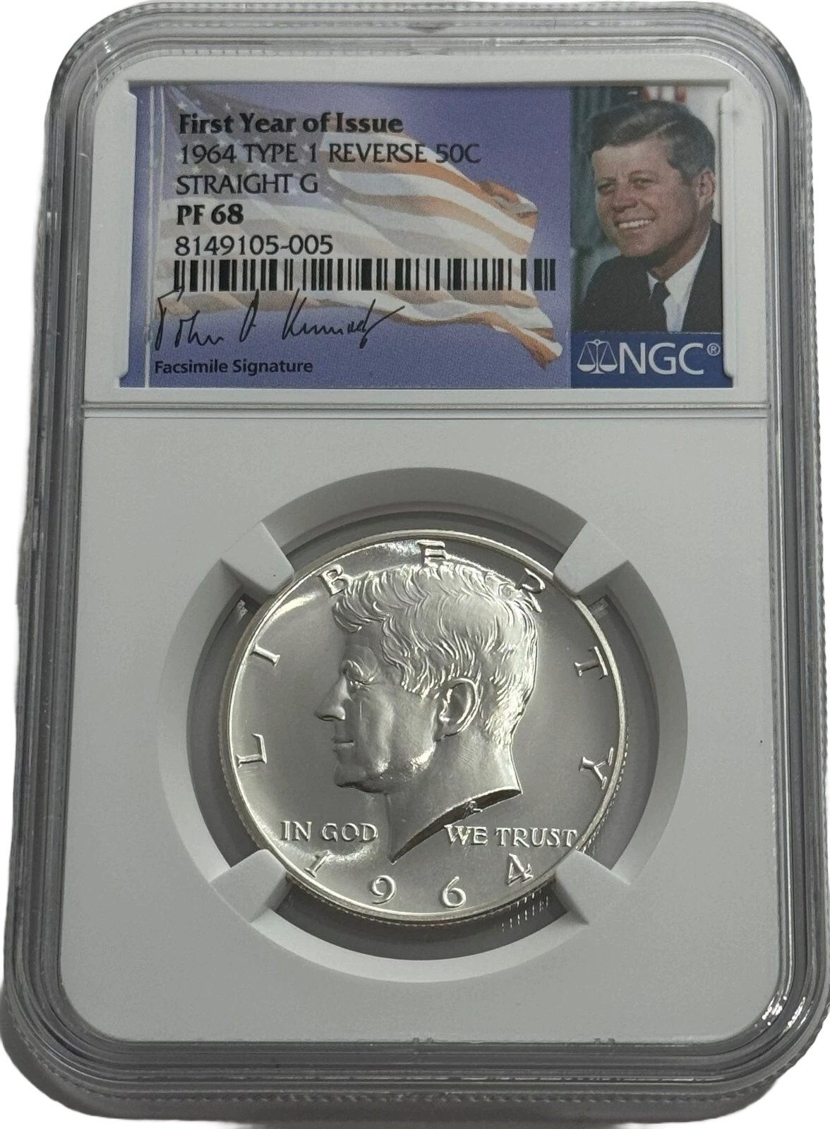 1964 NGC PF68 Proof Type 1 Straight G Silver Kennedy Half JFK Coin Signature 50c