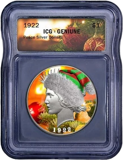 ICG Christmas Label Genuine 1922 U.S. Peace Silver Dollar Colorized Christmas..