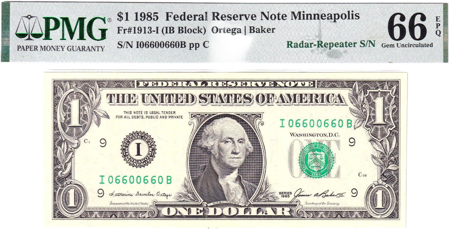 1985 $1 FRN PMG 66EPQ Fancy 0/6 BINARY RADAR REPEATER Serial #I06600660B