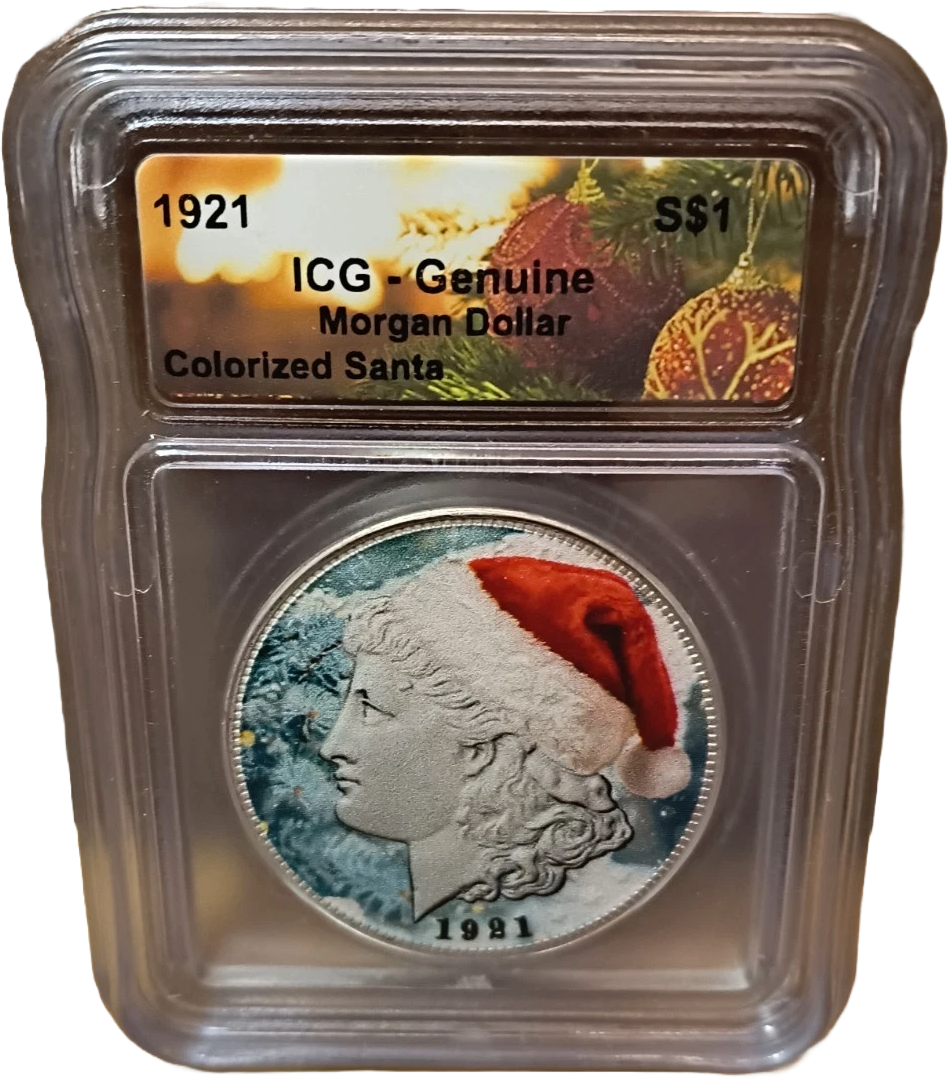 ICG Christmas Label Genuine 1921 U.S. Morgan Silver Dollar Colorized Santa