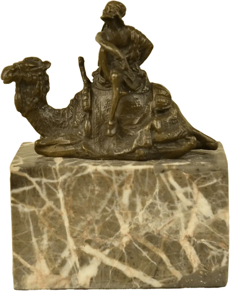 Arab Man Camel Rider Bronze Sculpture | Lost Wax Cast | Marble Base | Detailed Desert Scene Heritage Pastime