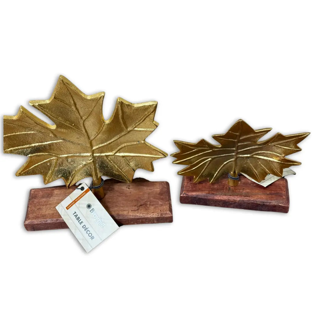 Broyhill Harvest Traditions gold leaf tabletop décor on a wooden base. Coin Hub