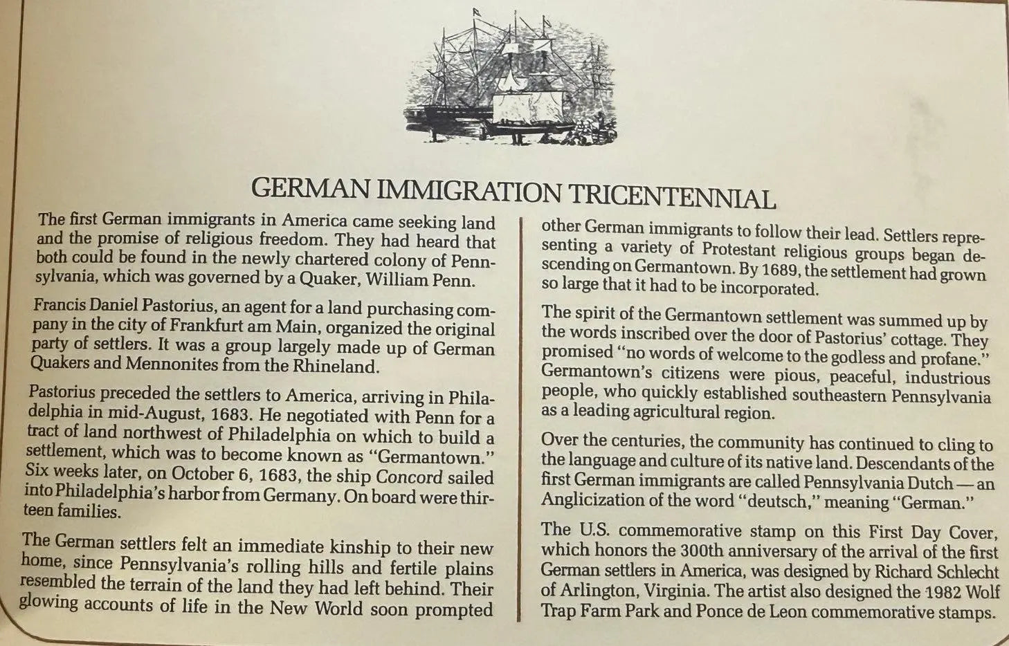 First Day Cover (FDC) 1983 – Tricentennial of First German Settlers in America (1683–1983) | Germantown, PA Commemorative Cover Heritage Pastime
