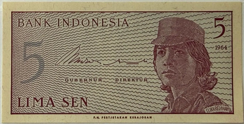 Indonesia 5 Sen Banknote (1964/1965) – “Sukarelawan” Series | Female Volunteer Design | Historic Currency Heritage Pastime