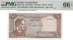 1959 Jordan 1/2 Dinar ND P13c – Uncirculated Grade 66