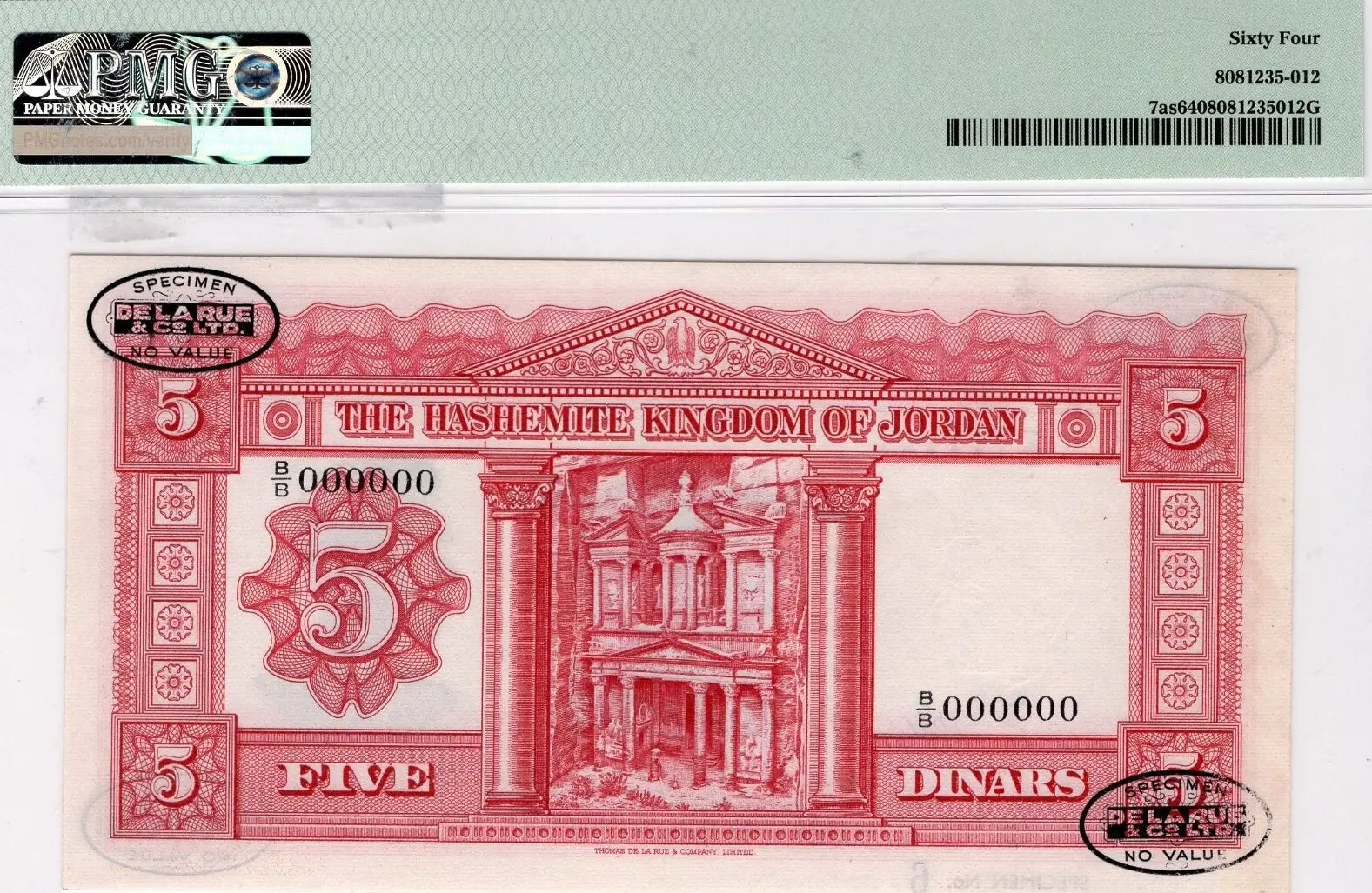 Jordan 5 Dinars Specimen P#7as 1949 (ND 1952) Currency Board PMG Choice UNC 64 TDLR – Ultra Rare Serial #000000 Heritage Pastime
