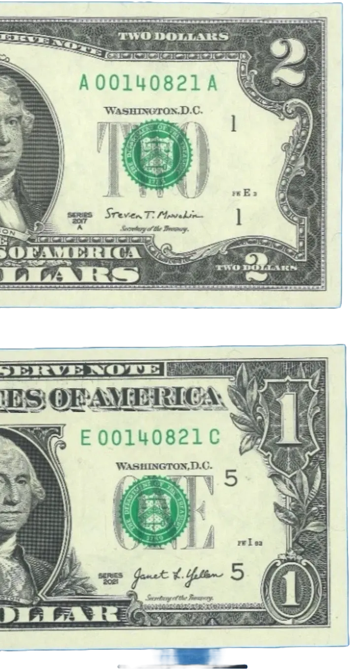 LOW DUPLICATE SERIAL NUMBER MATCHING $2 AND $1 NOTES! –SAME SERIALS Coin Hub