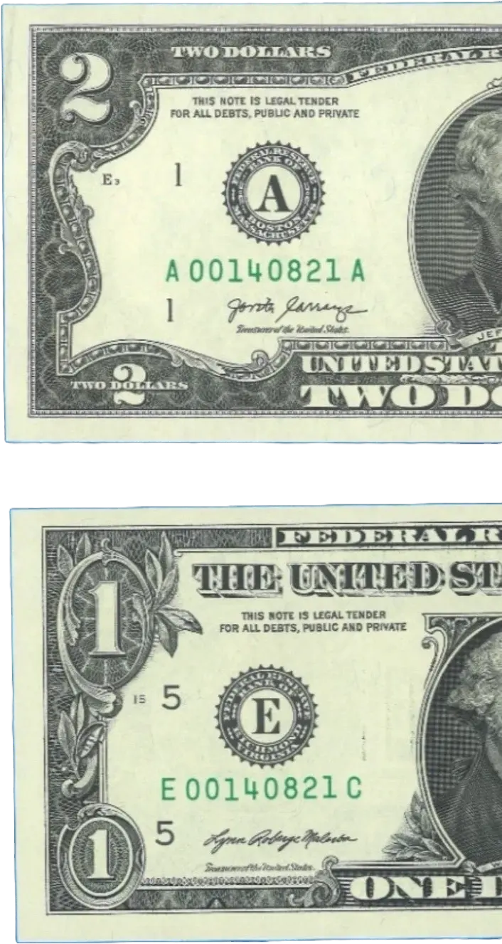 LOW DUPLICATE SERIAL NUMBER MATCHING $2 AND $1 NOTES! –SAME SERIALS Coin Hub