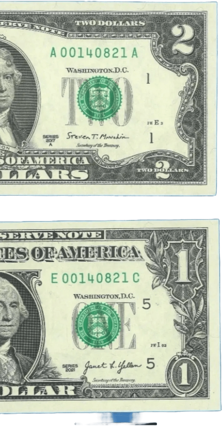 LOW DUPLICATE SERIAL NUMBER MATCHING $2 AND $1 NOTES! –SAME SERIALS Heritage Pastime