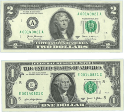 ¡BAJA COINCIDENCIA DE NÚMERO DE SERIE DUPLICADO EN BILLETES DE 2 Y 1 DÓLAR! –MISMOS NÚMEROS DE SERIE
