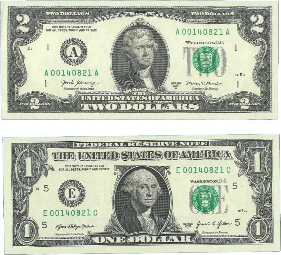 LOW DUPLICATE SERIAL NUMBER MATCHING $2 AND $1 NOTES! –SAME SERIALS Heritage Pastime