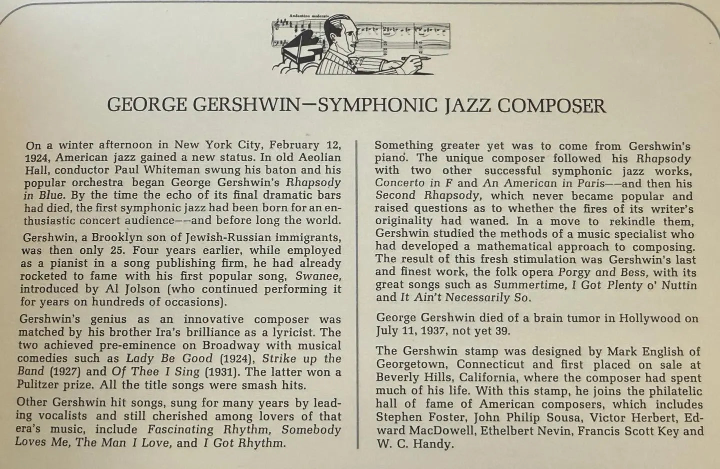 Official First Day Cover (FDC) Honoring George Gershwin (1898–1937) | Rare U.S. Commemorative Postal Cover Heritage Pastime