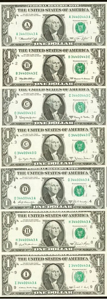 "Radar Strike: 7 Matching $1 Federal Reserve Bank Notes 34400443" - Various Years Heritage Pastime