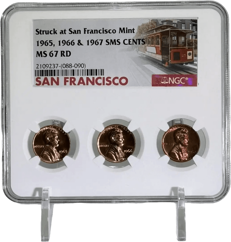 Rare 1965, 1966, & 1967 SMS Cents – All San Francisco Mint, NGC MS67RD Tri-Holder Heritage Pastime