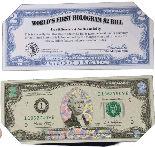 Rare 2003 World's First Hologram $2 Bill - The Morgan Mint Holder & Certificate Heritage Pastime