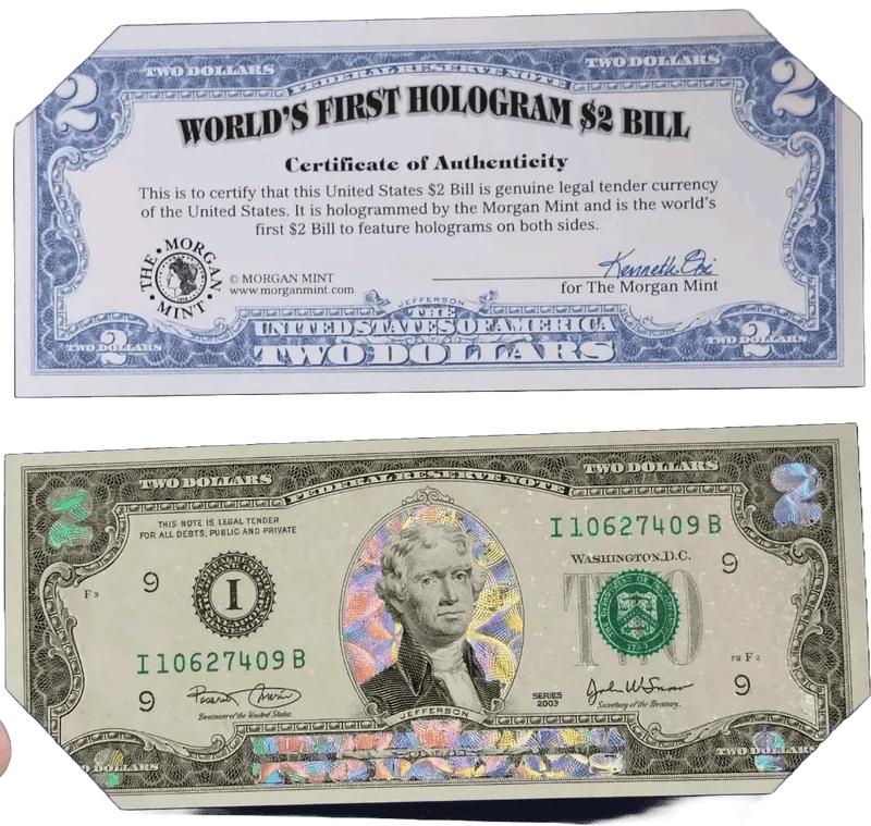 Rare 2003 World's First Hologram $2 Bill - The Morgan Mint Holder & Certificate Heritage Pastime