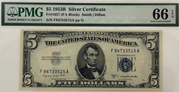 Series 1953B $5 Silver Certificate – PMG 66 Gem Uncirculated Heritage Pastime