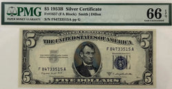 Series 1953B $5 Silver Certificate – PMG 66 Gem Uncirculated
