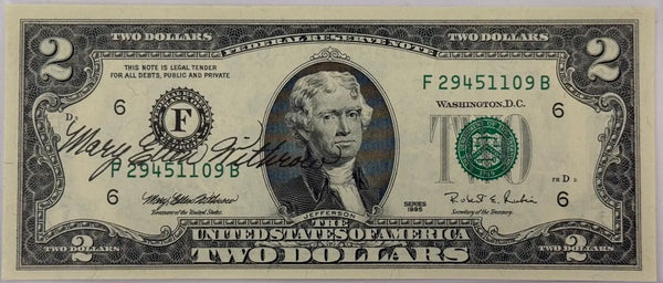 Series 1995 $2 Federal Reserve Note – Atlanta District (FRB 6) | Signed by Mary Ellen Withrow Heritage Pastime