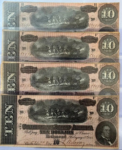 Set Of 4 1864 Confederate States of America $10 Notes – Consecutive Serial Numbers | Civil War Currency