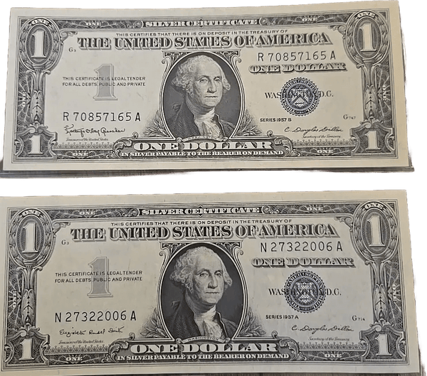 Set Of Two 1957 A And 1957 B Silver Certificate. 1 Uncirculated 1 About Uncirculated Heritage Pastime