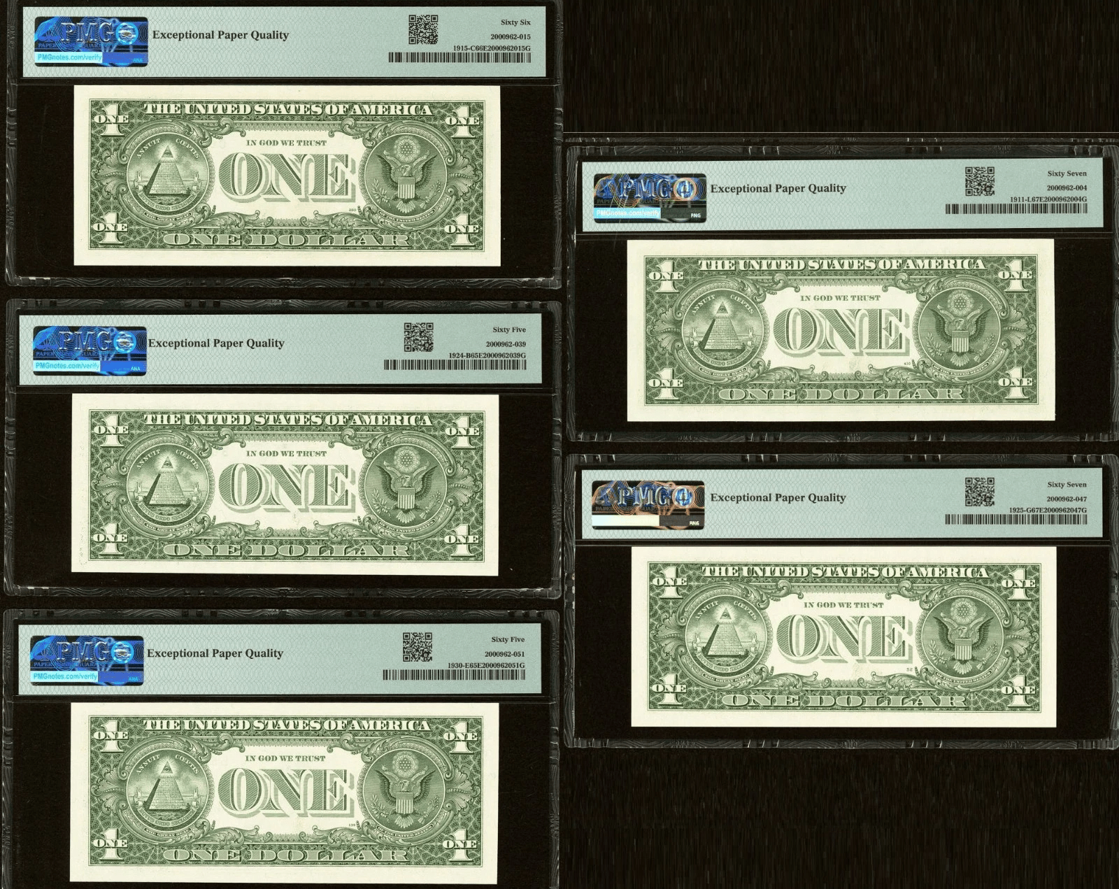 Seven rare $1 Federal Reserve Notes with mirrored Radar serial numbers in protective slabs
